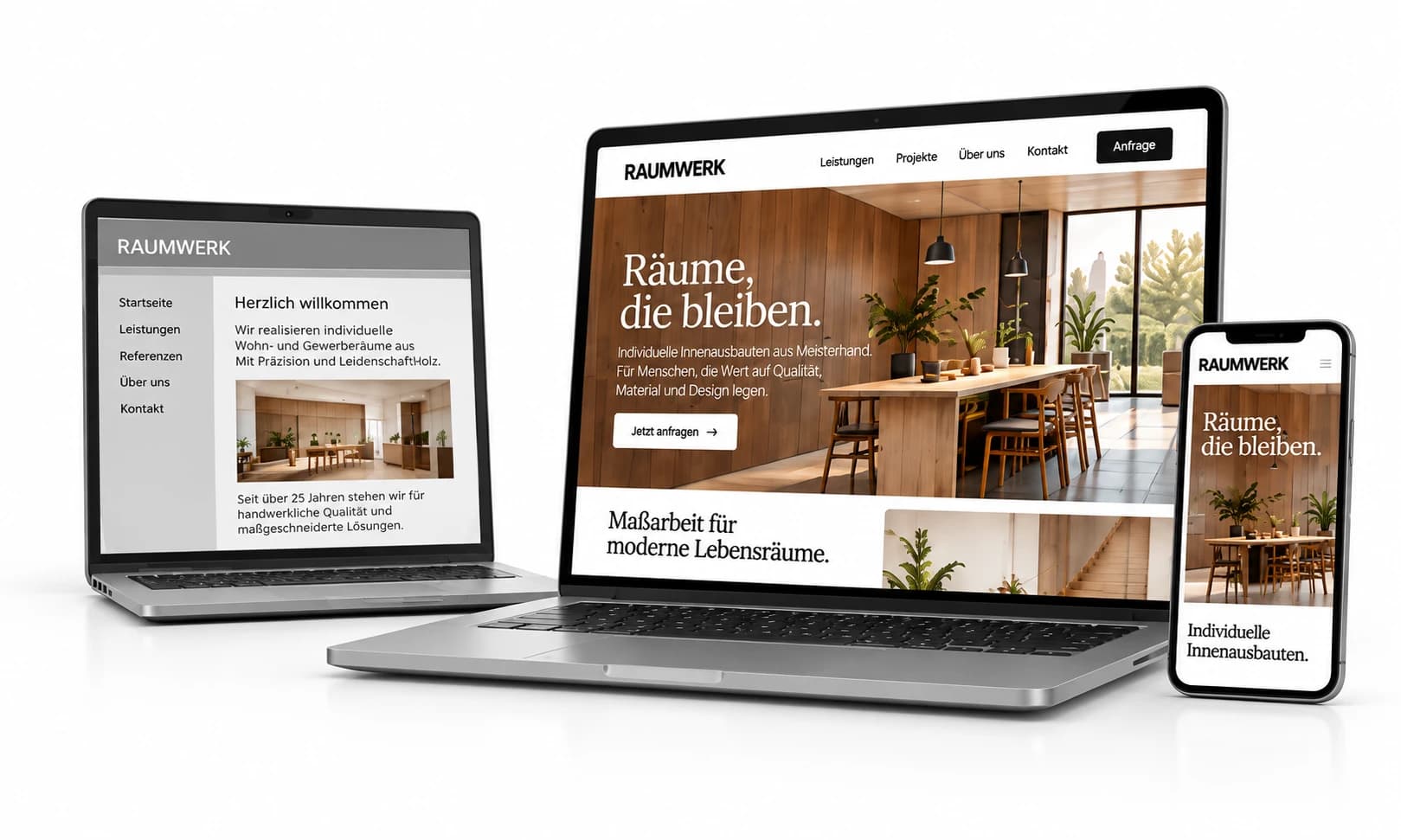 Derselbe Beispielbetrieb: links eine unübersichtliche alte Website, rechts ein klar gestalteter neuer Auftritt auf Laptop und Smartphone.